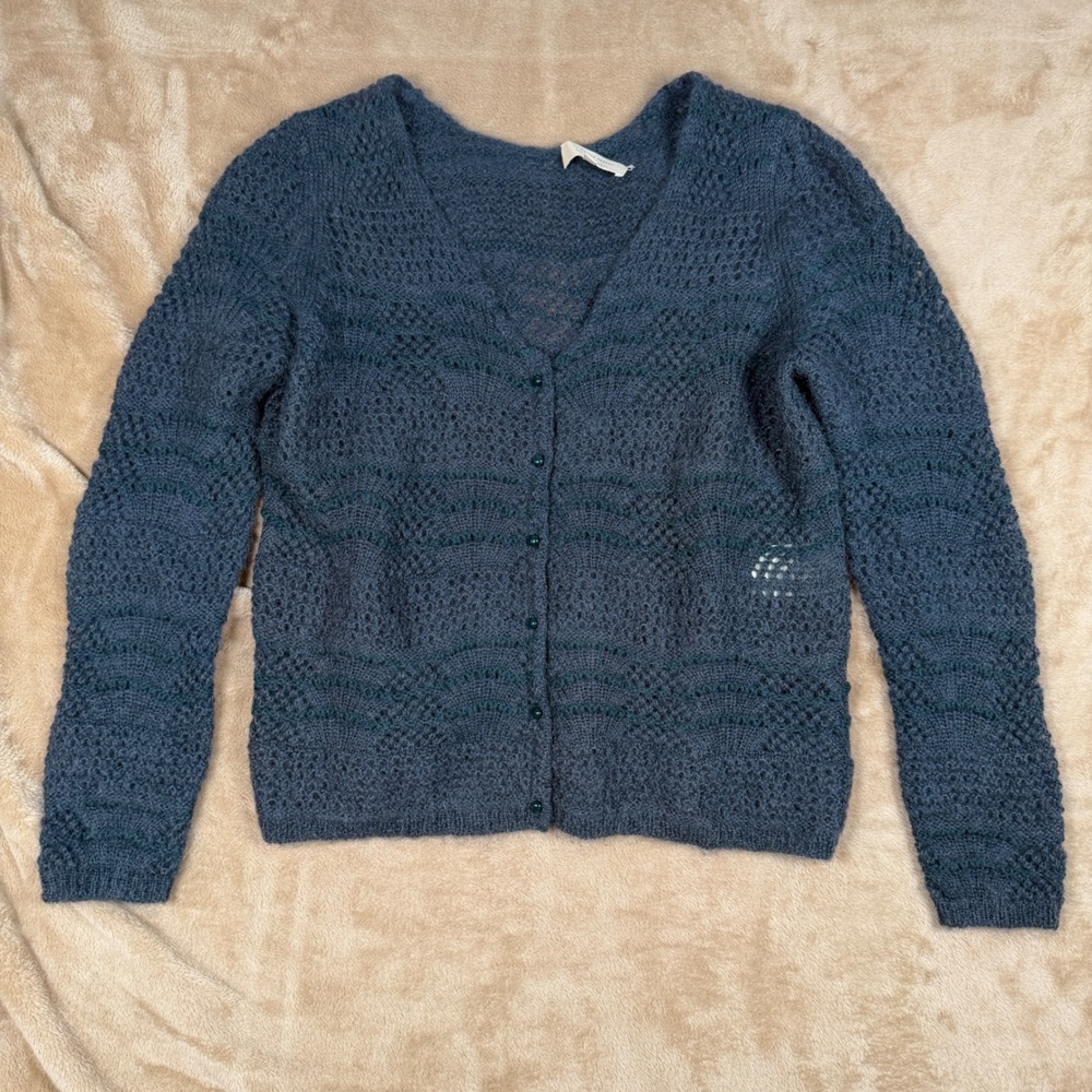 Sezane Teal Merino Wool Kid Mohair Pointelle Knit Cardigan Sweater Small